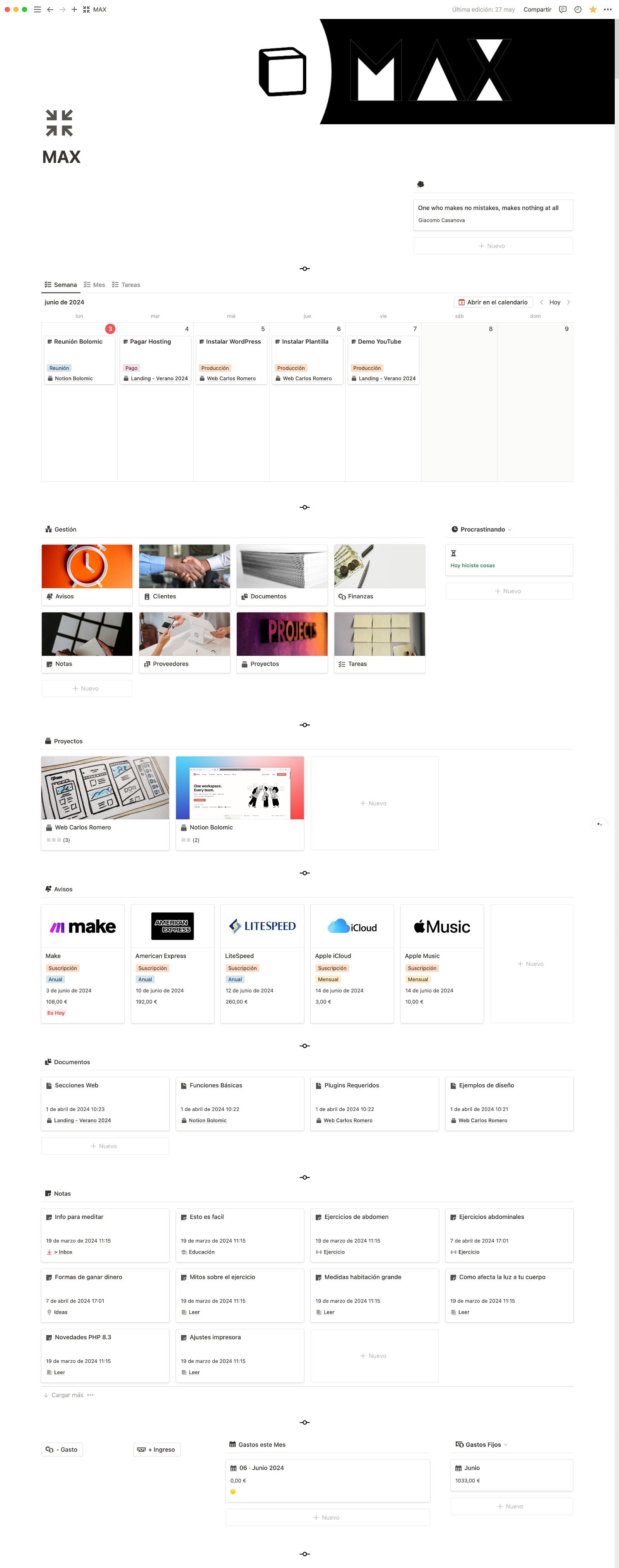 Dashboard principal de Notion MAX — vista global del negocio